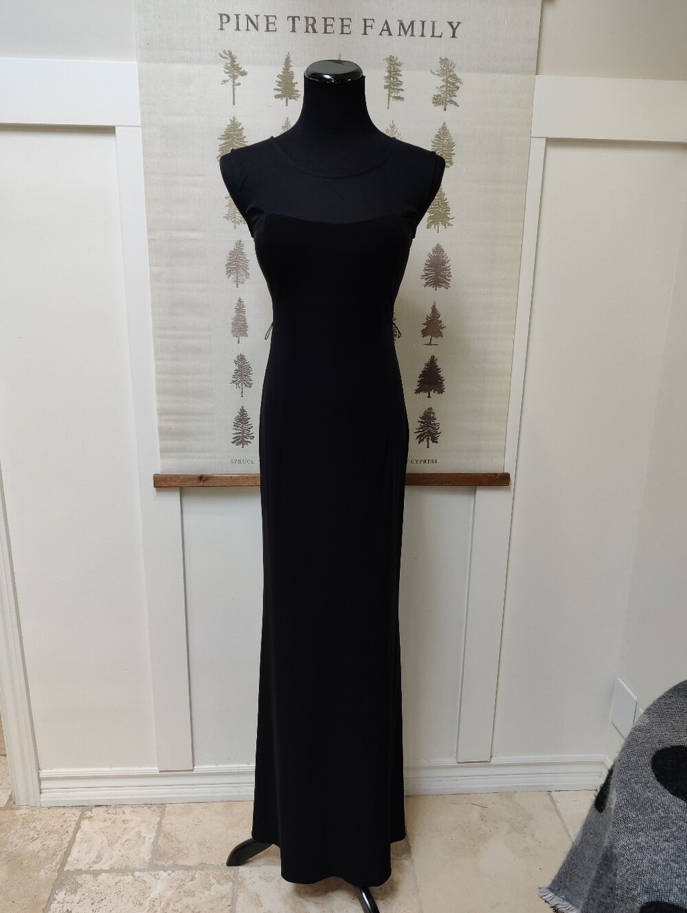 Betsy & Adam Black Sheer Mesh Open Back Maxi Gown Dress Size 6